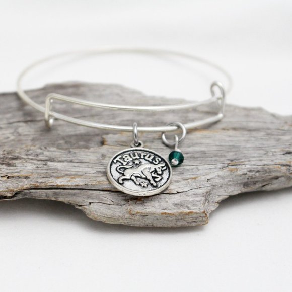 May Taurus Adjustable Charm Bangle - Handmade Zodiac Bracelet - Picture 3 of 11